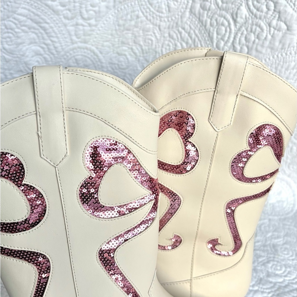 Cupcakes & Cashmere Kids Baysie Cream Cowboy Boots Pink Sequin Hearts Size 5 - Picture 5 of 11